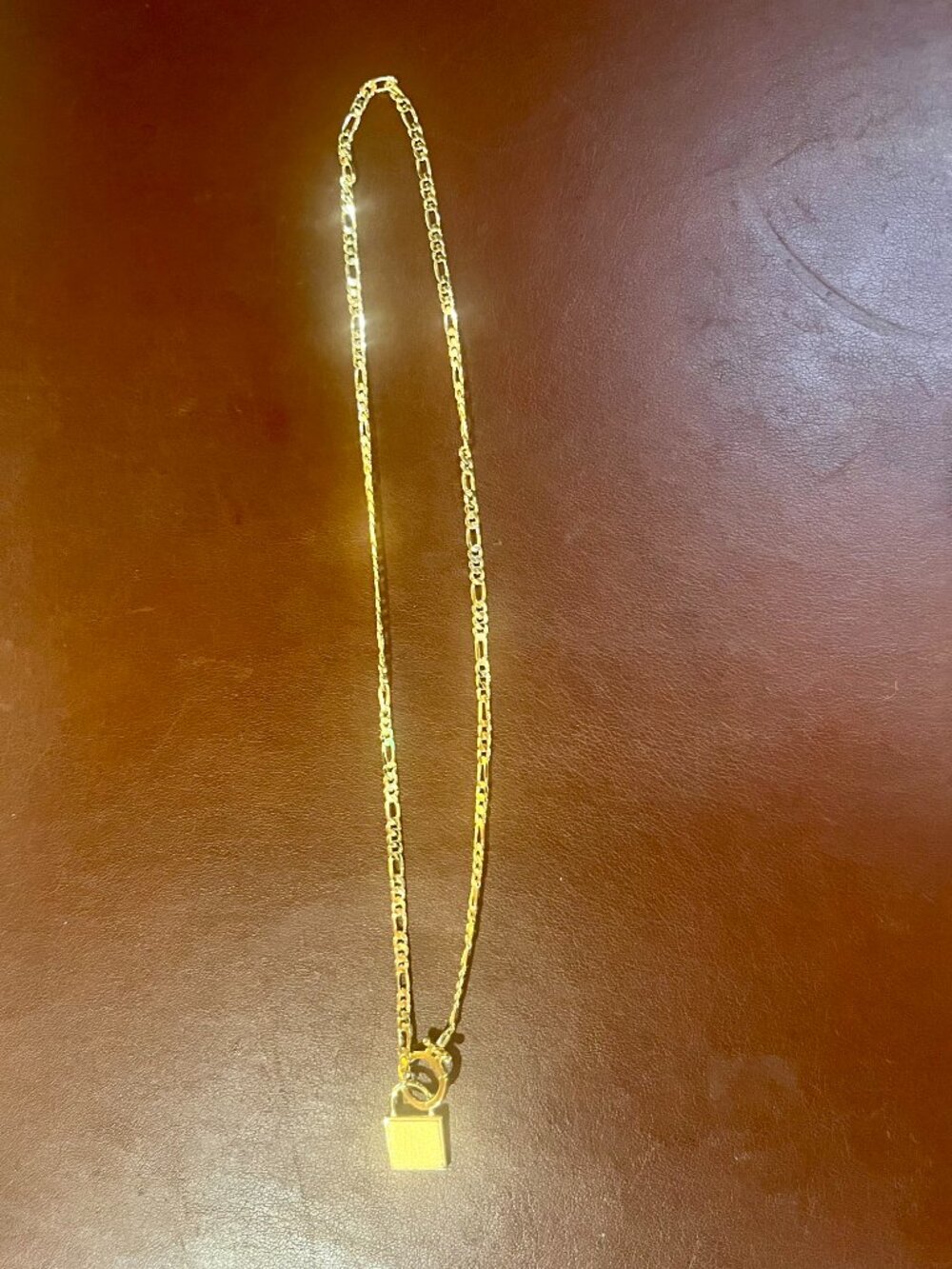 Gold Tone Figaro Chain Necklace Padlock Lock Pendant Bolt Ring Clasp